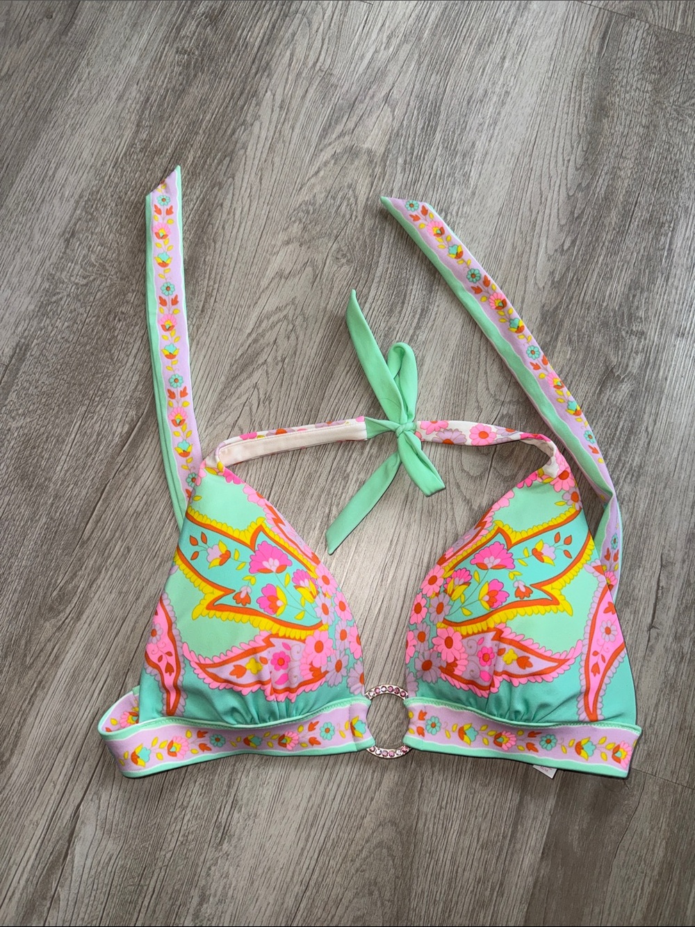 Victoria's Secret Mint Green Pink Floral Halter Bikini Top